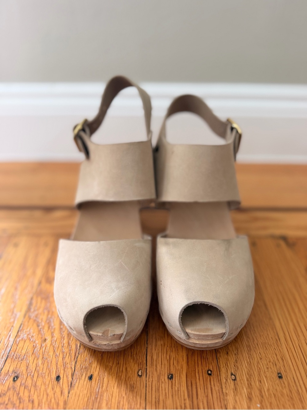 Bryr Miranda Peep-Toe Slingback Clogs with Wooden Heel